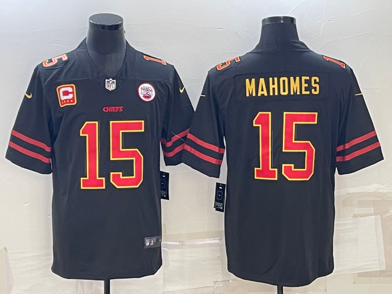 Men??s Kansas City Chiefs #15 Patrick Mahomes Black Red Gold 4-star C Patch Vapor Untouchable Limited Stitched Jersey